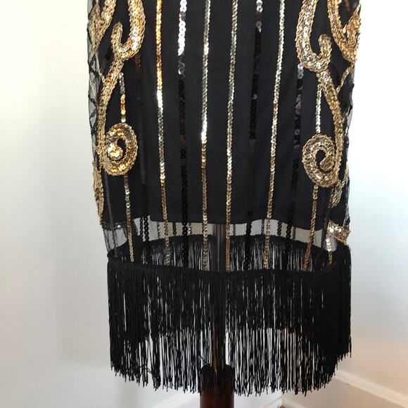Black Gold Sequin Fringe Dress M Dance Party NYE Gatsby 1920 Flapper Costume NEW - Picture 5 of 12